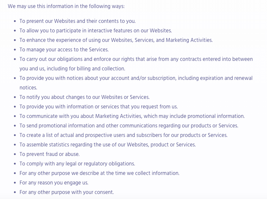 Algolia Privacy Policy: How we may use this information clause excerpt