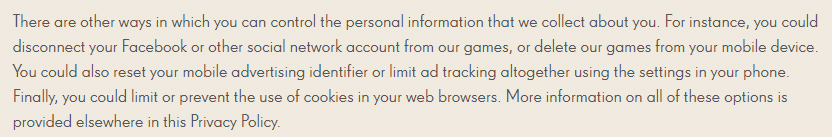 Candy Crush Privacy Policy: Control personal information clause