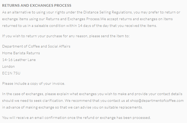 Dept of Coffee Shipping and Returns Policy: Returns and Exchanges Process clause
