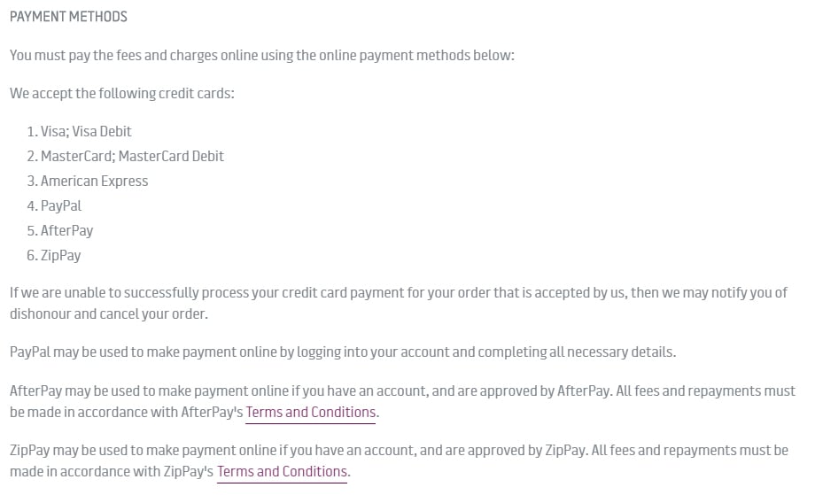 Dineamic Terms and Conditions: Payment Methods clause