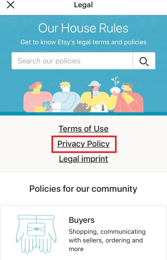 Etsy app: Legal menu with Privacy Policy highlighted