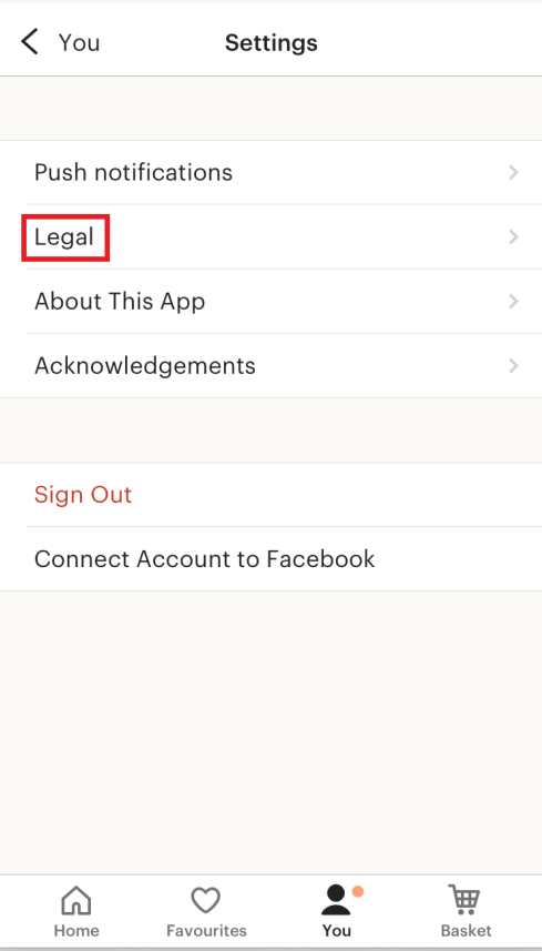Etsy app: Settings screen with Legal link highlighted