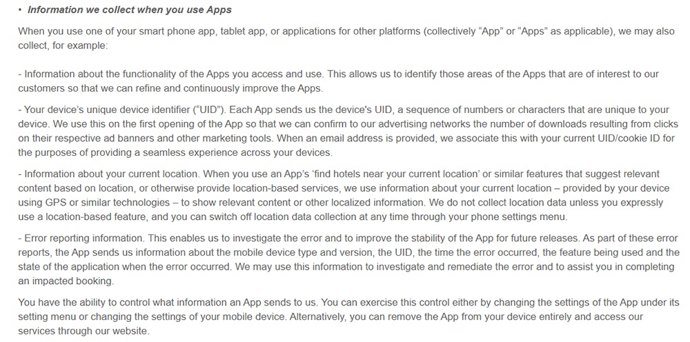 Expedia Privacy Policy: What personal information do we collect and why clause - Collected through apps excerpt