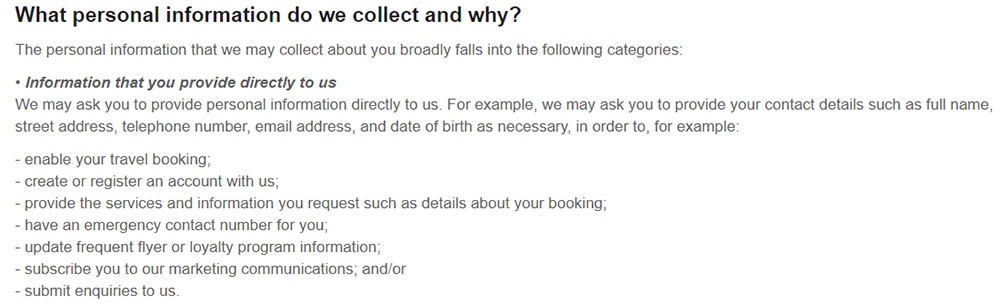 Expedia Privacy Policy: What personal information do we collect and why clause - Directly collected excerpt