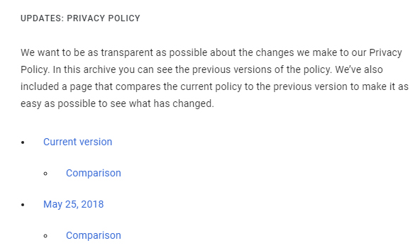 Google Privacy Policy Updates comparison screen