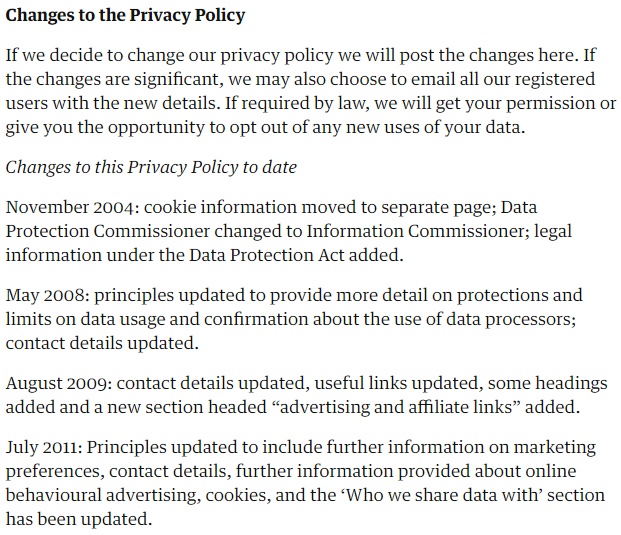 The Guardian Privacy Policy: Changes to this Privacy Policy clause excerpt