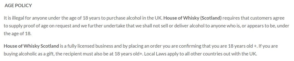House of Whisky Terms and Conditions: Age Policy clause