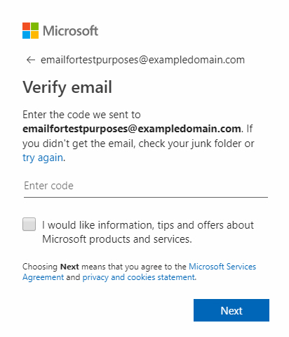 Microsoft account sign-up form with checkbox