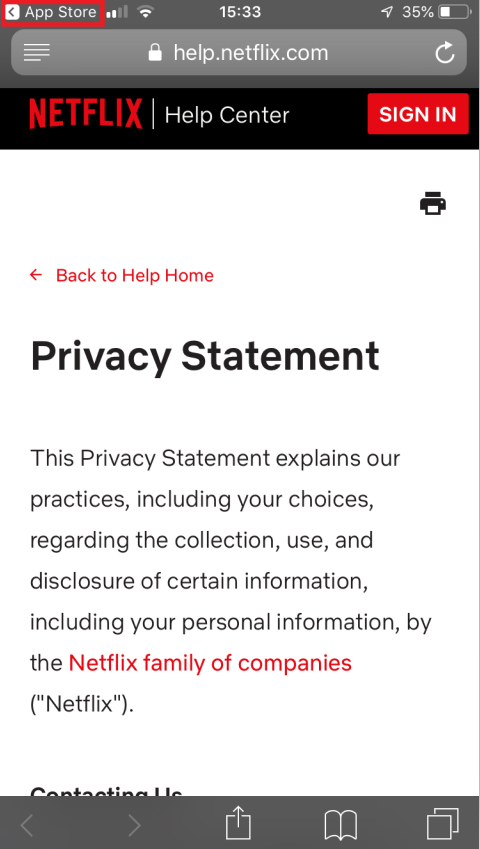 Netflix mobile Privacy Statement with return to app store highlighted
