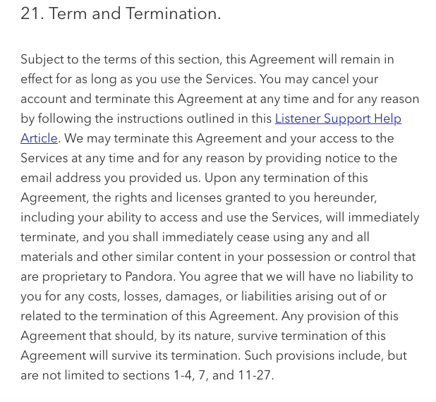 Pandora Services Terms of Use: Term and Termination clause