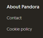 Pandora website footer showing Cookie Policy link