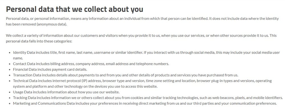 Trilio Privacy Policy: Personal data that we collect about you clause