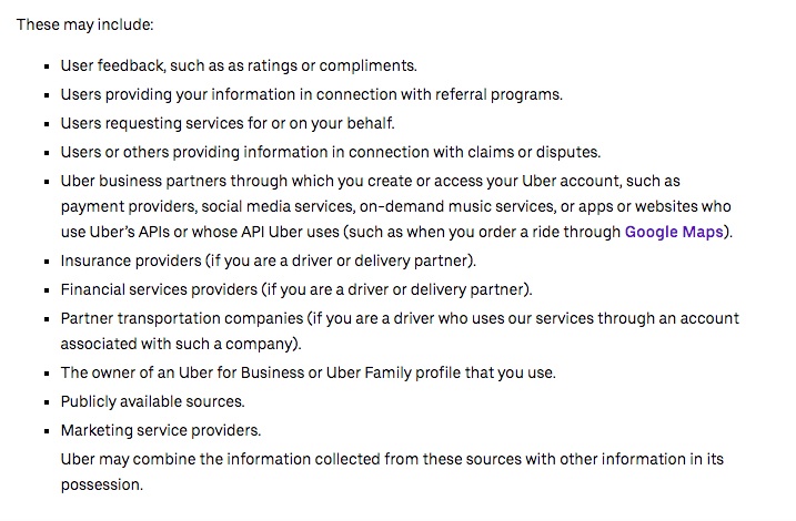 Uber Privacy Policy: Information created when you use our services - other sources clause excerpt
