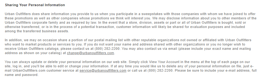 Urban Outfitters Privacy Policy: Sharing Your Personal Information clause excerpt