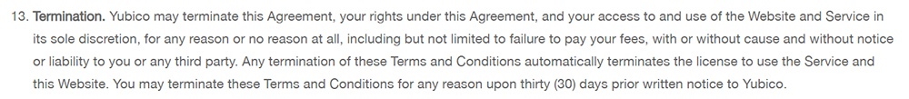 Yubico Terms and Conditions: Termination clause