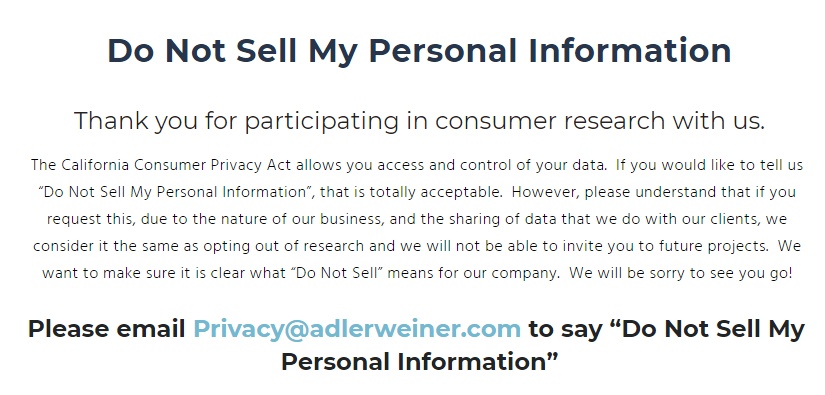 Adler Weiner: Screenshot of its Do Not Sell My Personal Information page