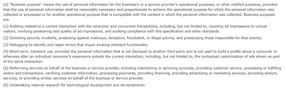 Excerpt of CCPA Section 1798 40 - Excerpt of definition of Business Purpose