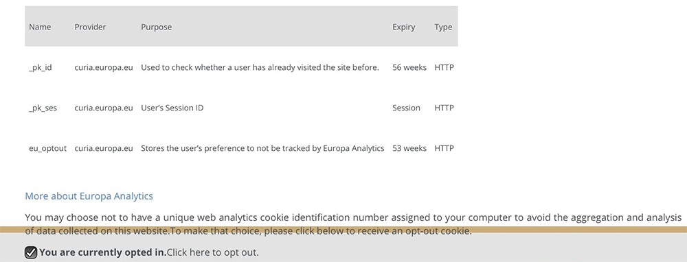 Curia Cookies checkbox with default opt-in
