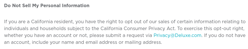 Deluxe Privacy Notice: California-Specific Addendum - Do Not Sell My Personal Information clause
