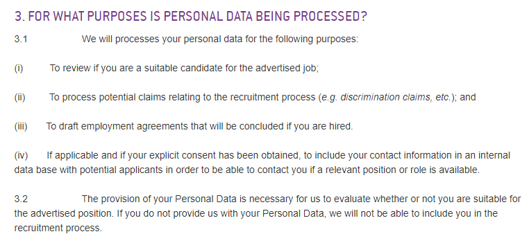 Diaverum Privacy Notice to Job Applicants: For What Purposes is Personal Data Being Processed clause