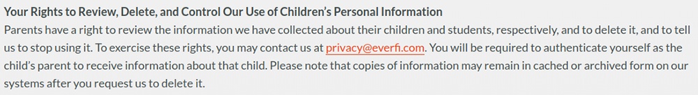 Everfi COPPA Privacy Policy: Parental rights to review, delete and control the use of children&#039;s PI clause
