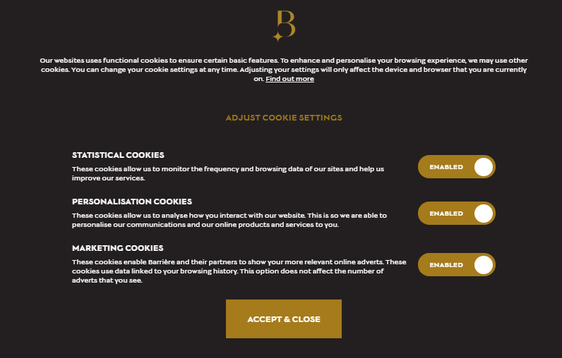 Hotels Barriere Cookie Consent Notice: Adjust Cookie Settings options