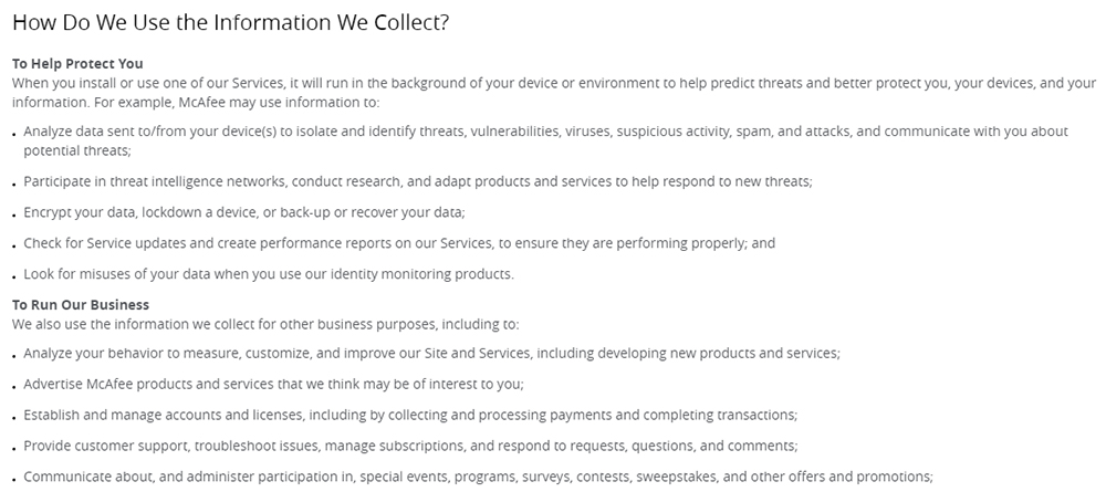 McAfee Privacy Notice: Excerpt of How Do We Use the Information We Collect clause