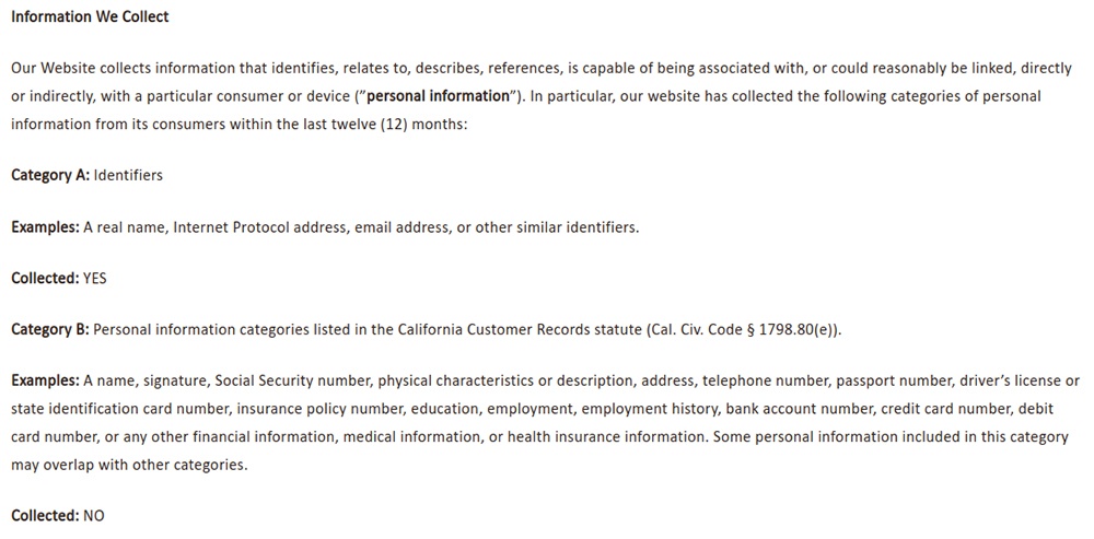 NVA Privacy Notice for California Residents: Excerpt of Information We Collect clause