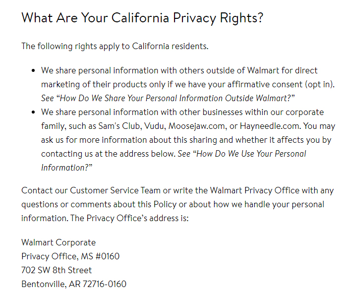 Walmart Privacy Policy: What Are Your California Privacy Rights clause