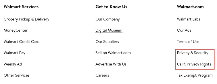 Walmart website footer links: Privacy and Security and California Privacy Rights links highlighted