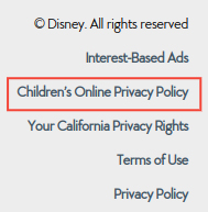 Walt Disney Company website footer with links: Children&#039;s Online Privacy Policy highlighted