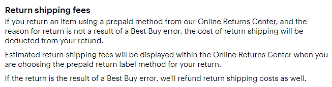 Best Buy Returns and Exchanges Policy: Return shipping fees section