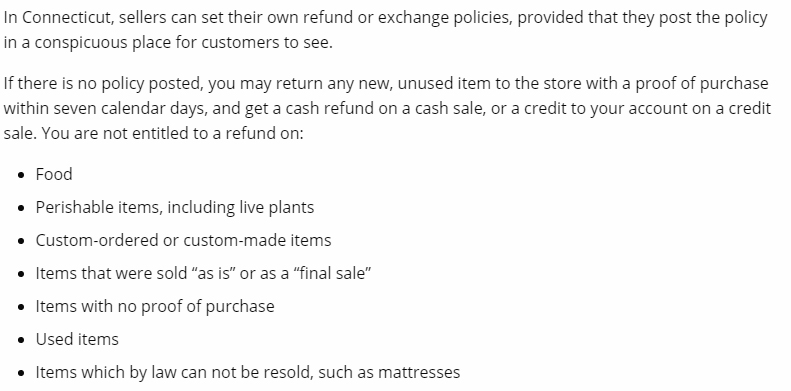 Connecticut State Department of Consumer Protection: Returns and Exchanges