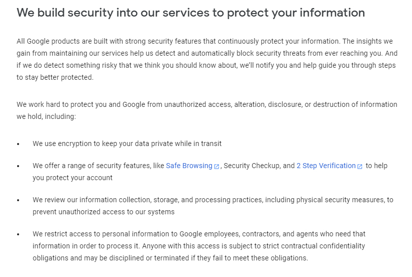Google Privacy Policy: Security clause