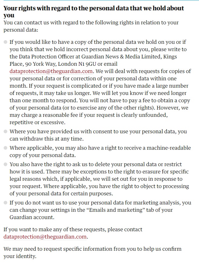 The Guardian Privacy Policy: Your rights with regard to the personal data we hold about you clause