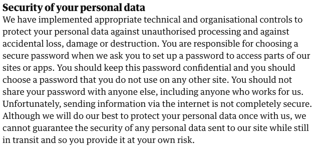 The Guardian Privacy Policy: Security of your personal data clause