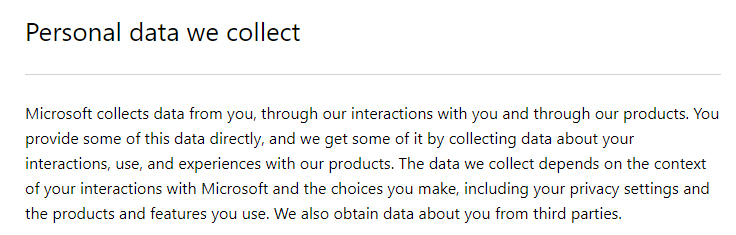 Microsoft Privacy Statement: Personal Data We Collect clause