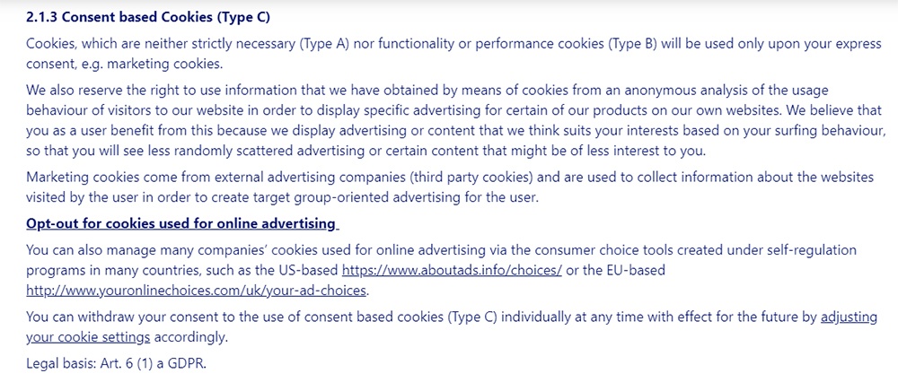 Nivea Privacy Policy: Consent based Cookies clause