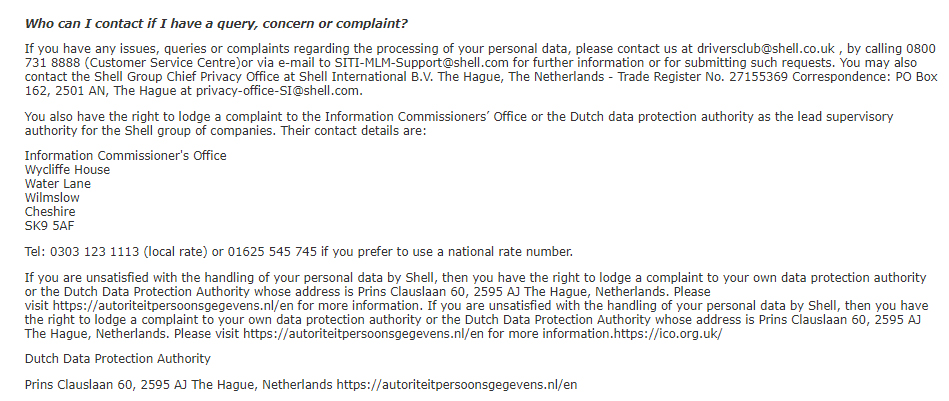 Shell Driver&#039;s Club UK Privacy Policy: Contact clause