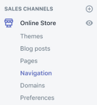Shopify dashboard: Sales Channels menu showing Navigation