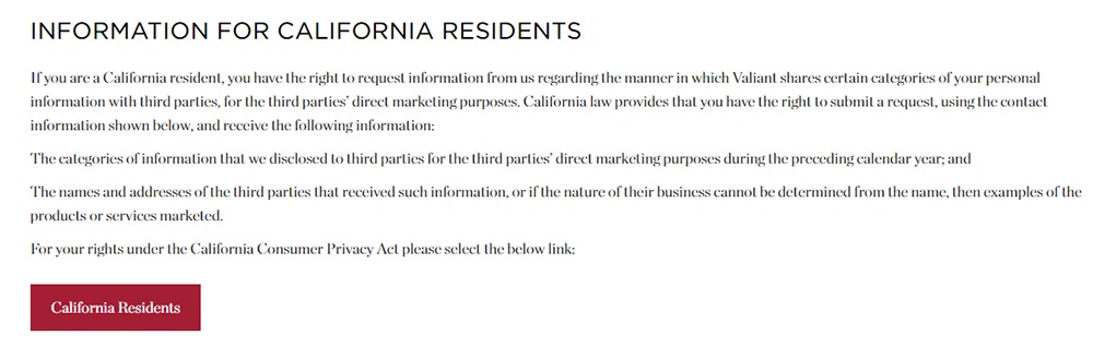 Valiant Privacy Statement: Information for California Residents clause