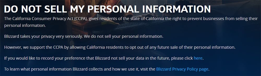 Blizzard: Do Not Sell My Personal Information page