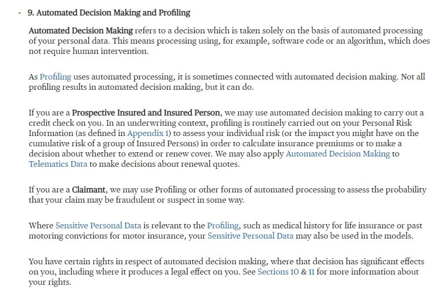 Chubb Privacy Policy: Automated Decision Making and Profiling clause