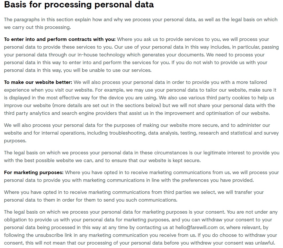 Farewill Privacy Policy: Basis for Processing Personal Data clause