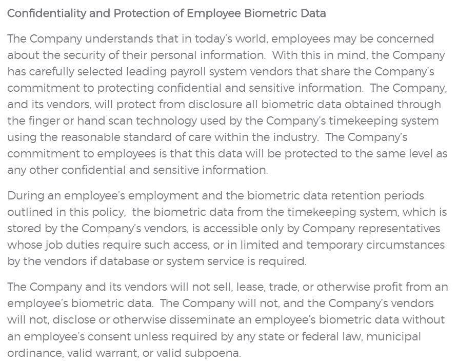 Homz Biometric Data Policy: Confidentiality and Protection of Employee Biometric Data section