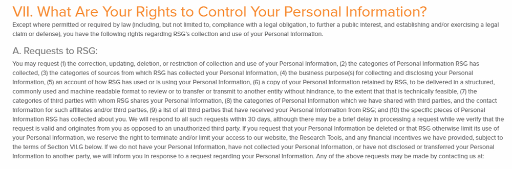 RSG Privacy Policy: What Are Your Rights to Control Your Personal Information clause - Requests to RSG section