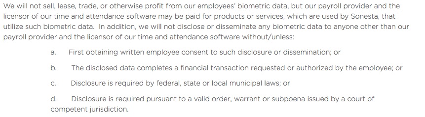 Sonesta Biometric Information Privacy Policy: Sell, trade or profit from data section