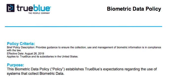TrueBlue Biometric Data Policy: Policy Criteria and Purpose sections