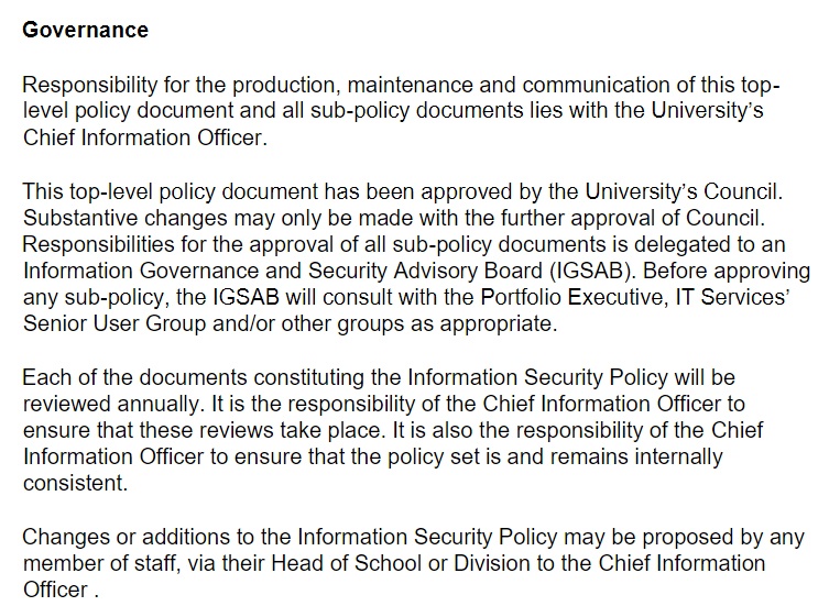 University of Bristol: Information Security Policy - Governance clause