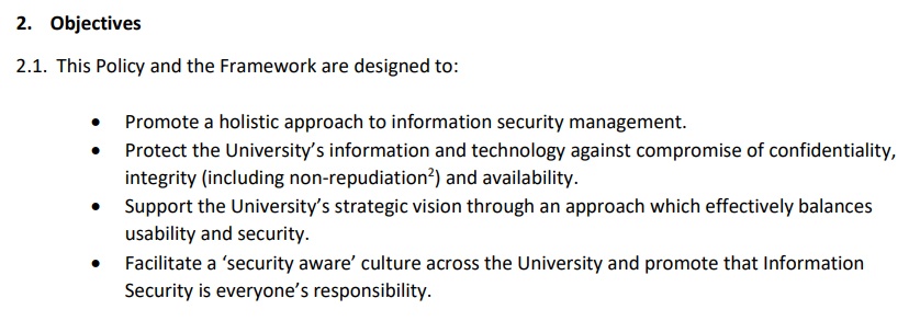 University of Edinburgh: Information Security Policy - Excerpt of Objectives clause